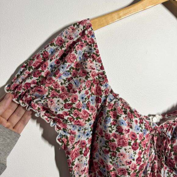 Womens L Floral Red Pink Garden Milkmaid Tradwife Babydoll Coquette Peasant - Picture 5 of 11